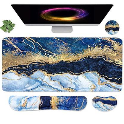 4-in-1 Large Gaming Mouse Pad, Keyboard Wrist Rest Pad & Wrist Support Mousepad Set, Extended Desk Pad Waterproof Desk Mat for Home Office Study Game - Blue Gold Marble - color: Blue Gold Marble