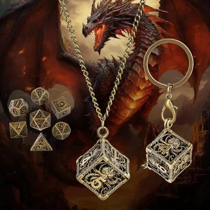 Keller & Weber Mini DND Dice Set with Hollow Six-Sided Octopus Metal Case Portable Keychain Necklace, Tiny 7pcs Polyhedral D&D Dice Set, DND Gifts with Gift Box, D&D Accessories for RPG, Bronze