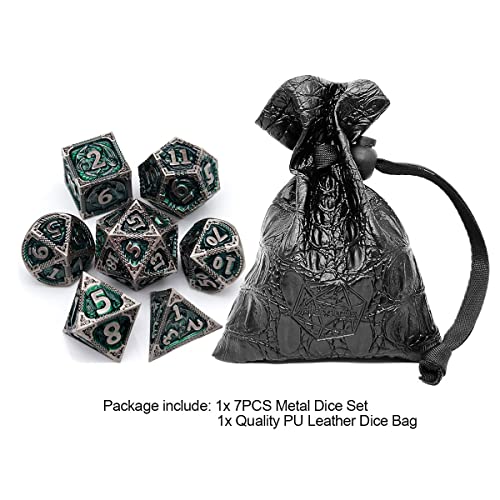 Haxtec Metal DND Dice Set, 7 Pcs Dragon Pattern Polyhedral Dice for RPG | Antique Green D&D Dice with Leather Bag, Compatible with Dungeons and Dragons, Heavy Metallic, TTRPG Gifts for Table Games - color: Iron Green