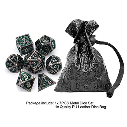 Haxtec Metal DND Dice Set, 7 Pcs Dragon Pattern Polyhedral Dice for RPG | Antique Green D&D Dice with Leather Bag, Compatible with Dungeons and Dragons, Heavy Metallic, TTRPG Gifts for Table Games - color: Iron Green
