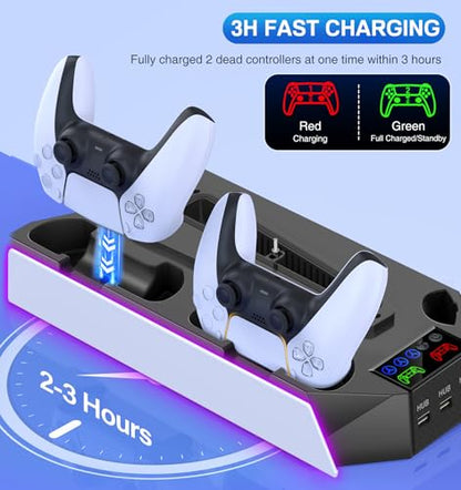 PS5/PS5 Slim Cooling Station with Controller Charging Station for PlayStation 5 Console Disc/Digital, PS 5 Cooling Stand Accessories with LED Light/Charger/Cooler Fan/3 USB Hubs/Headset Holder/Screw
