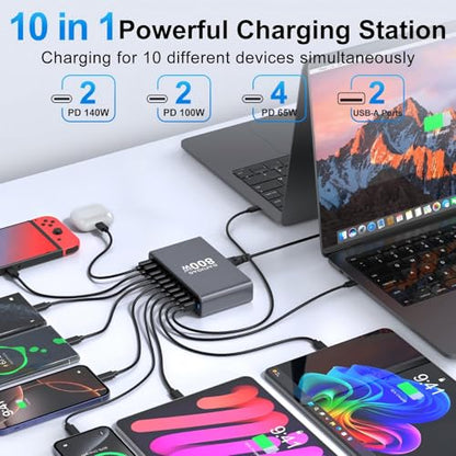 800W USB C Charger, 140W GaN Charger, 10-Port 100W/65W Fast Charging Station Compatible with MacBook Pro 16, HP, ASUS Laptops, iPad, iPhone 16 Pro Max/15, Samsung Galaxy S24/S23, Steam Deck and More