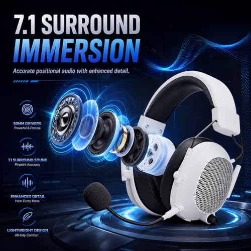 Wireless Gaming Headset for PC, PS5, PS4 and Mac, 2.4GHz Low Latency Gaming Headphones with Bluetooth 5.3, Noise Canceling Mic, RGB Light, Surround Sound, 50H Battery, Tac Master White