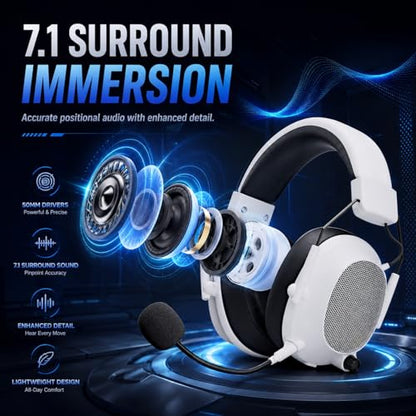Wireless Gaming Headset for PC, PS5, PS4 and Mac, 2.4GHz Low Latency Gaming Headphones with Bluetooth 5.3, Noise Canceling Mic, RGB Light, Surround Sound, 50H Battery, Tac Master White