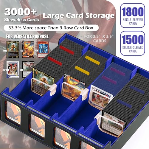 Ultra-Capacity 4-Row Trading Card Storage Box with Commander Display - Holds 3000+ Cards with 12 Dividers & 4 Card Holders, PU Leather Deck Box MTG, Deck Box TCG YuGiOh, Sports Cards - color: Black / Blue