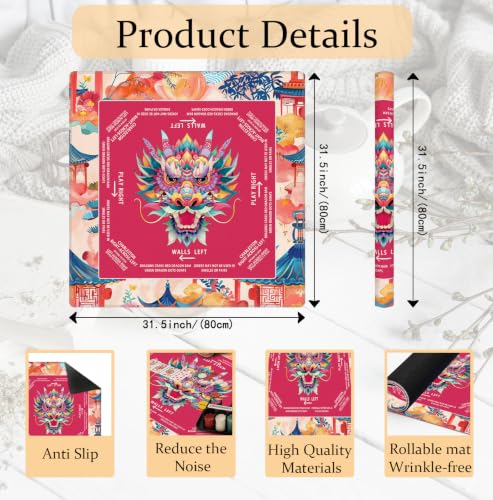 Chinese Dragon Mahjong Mat 31.5 x 31.5 Inch, Traditional Red Oriental Chinoiserie Non-Slip Noise Reduction Mahjong Table Mat for American Mah Jong Poker Card Board Games Dominoes - color: Chinese Dragon