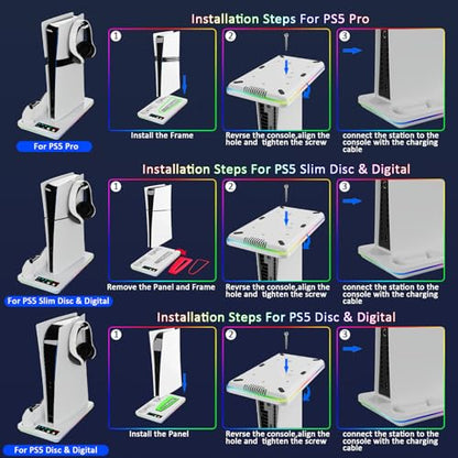 PS5/Slim/Pro Stand and Cooling Station with RGB Controller Charging Station for PlayStation 5 Console, PS5 Controller Charger, PS5 Cooling Stand, PS5/Slim/Pro Accessories Kit with 3 Level Cooler Fan - color: Line RGB-White1