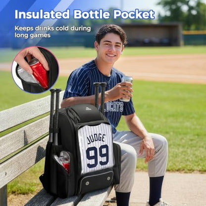 MATEIN PRO Youth Baseball Backpack for 4 Bats, Collapsible Shoe Compartment | Water Resistant, Large, Boys Baseball Bat Bag, Insulated Beverage Pocket, Clear Display Window, Storage Holds Glove, Helmet - color: Black