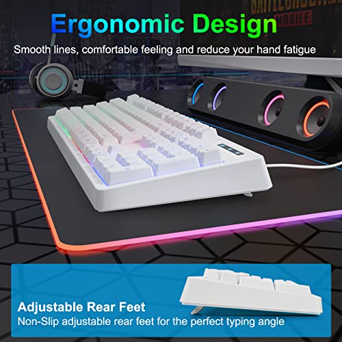 HUO JI White Gaming Keyboard USB Wired with Rainbow LED Backlit, Floating Keys, Mechanical Feeling, Spill Resistant, Ergonomic for Xbox, PS Series, Desktop, Computer, PC - color: White