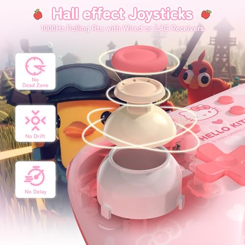 Kuitmor Hello Kitty Switch Pro Controller, Cute Hall Effect Wireless Gamepad No Drift for Switch 2/Switch/OLED/Lite, PC/Steam, Android, iOS, Bluetooth + Wired, Turbo, Back Buttons,6-Aixs Gyro, Wake-up, RGB (Pink, Without 2.4g Receiver) - color: Pink