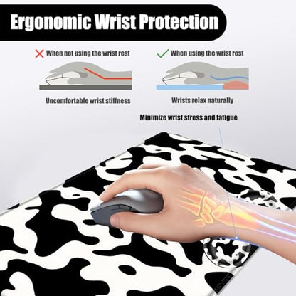 Mouse Pad,Large Desk Mat Set, 4in1 XL Mousepad + Keyboard Wrist Rest+Mouse Wrist Rest+Coaster with Ergonomic Desk Pad for Home Office Table Computer Cover -Cow Print - color: Cow Print