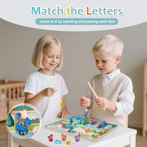 Wooden Dinosaur Magnetic Fishing Game for Toddlers Ages 3-5 with 2 Pods, ABC Alphabet Learning Toy with Spelling Cards, Preschool Educational Montessori Toys, Gift for Boy Girl