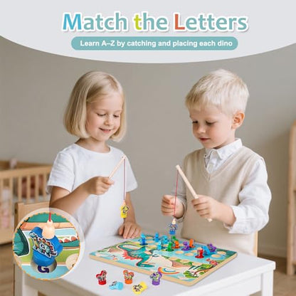 Wooden Dinosaur Magnetic Fishing Game for Toddlers Ages 3-5 with 2 Pods, ABC Alphabet Learning Toy with Spelling Cards, Preschool Educational Montessori Toys, Gift for Boy Girl