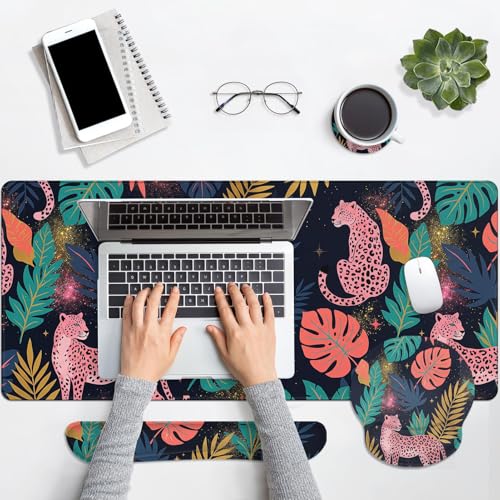 Arttown Keyboard Mouse Pad Set, 4 in 1 Desk Mat Set Leopard Tropical | Pink Leaves Large Mousepad+Keyboard Wrist Rest+Mouse Wrist Rest+Coaster Ergonomic Design for Home Office Computer - color: Pink Leopard