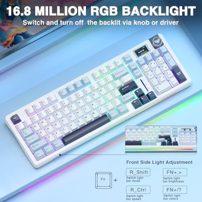 AULA S98 Pro Wireless Mechanical Keyboard,Smart Screen & Knob,Tri-Mode BT5.0/USB-C/2.4GHz Creamy Keyboard,Pre-lubed Linear Switches,Hot Swappable RGB Backlit Computer Gaming Keyboards - color: White&Blue
