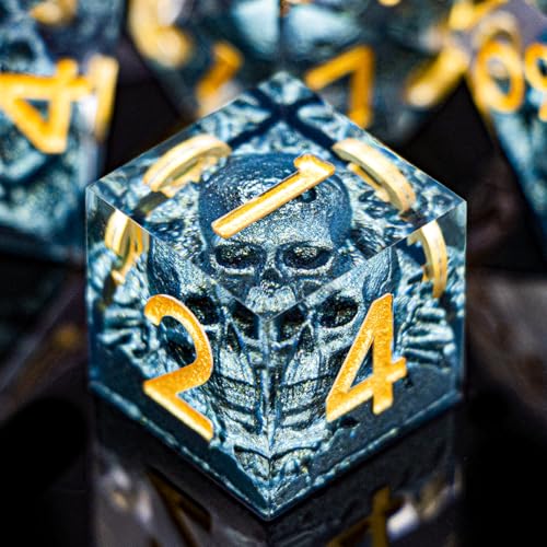 DND Skull Dice Set 7PCS Necromancer Polyhedral Dice for Dungeons Dragons RPG Role Playing Game, Resin Sharp Edged D and D Dice with Gift Box D6 D8 D10 D12 D20 (Navy Blue) - color: Navy Blue&gold