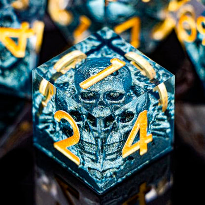 DND Skull Dice Set 7PCS Necromancer Polyhedral Dice for Dungeons Dragons RPG Role Playing Game, Resin Sharp Edged D and D Dice with Gift Box D6 D8 D10 D12 D20 (Navy Blue) - color: Navy Blue&gold