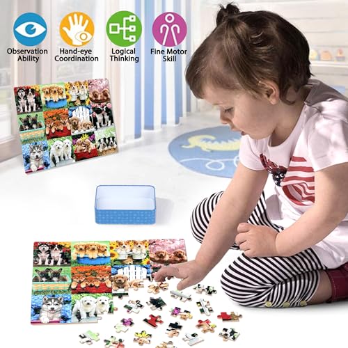 LELEMON Puzzles for Kids Ages 4-6,Cute Dogs 100 Piece Puzzles for Kids Ages 6-8 in a Metal Box,Educational Jigsaw Puzzles,Childrens 100 Piece Puzzle Games Puzzle Toys for Girls and Boys - color: Cute Dogs