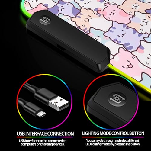 RGB Pink Cat Mouse Pad, Large LED Gaming Light Up Computer Mousepad, Long Glowing PC Laptop and Keyboard Office Desk Mat for Women - color: Rgb05