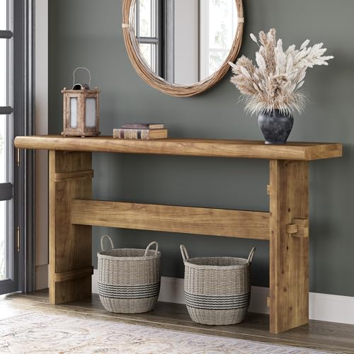 TRIBEWOOD 63-Inch Solid Wood Console Table for Entryway, Narrow Long Farmhouse Sofa Table Behind Couch, for Foyer, Hallway, Living Room, Easy Asswmbly, Brown - color: Brown