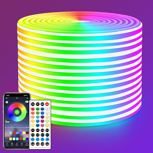LED Neon Rope Lights 50FT,IP65 Waterproof LED Strip Lights,Music Sync LED Lights with Remote and APP Control, 24V RGB LED Rope Lights for Bedroom,Holiday Decoration（with Snap &Screws） | Music Sync LED Lights with Remote and APP Control, RGB LED Rope Light