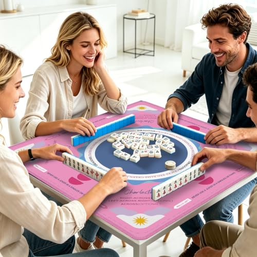 Large Pink Mahjong Mat for Table with Rules, 31.5" x 31.5" Noise Reduction Non Slip Waterproof Mah Jong Table Mat with Carrying Bag, Suitable for Mahjong, Poker, Board Games, Dominoes, and Card Games - color: Large Pink