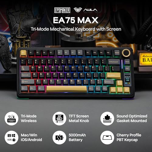 EPOMAKER X Aula EA75 MAX Wireless Gaming Keyboard with Screen & Knob | 5000mAh, Hot-Swap, Lubed Switches, RGB Backlit, Creamy Gasket, 75% Mechanical Keyboard (Black, Ice Vein Switch) - color: Black, size: Ice Vein Switch
