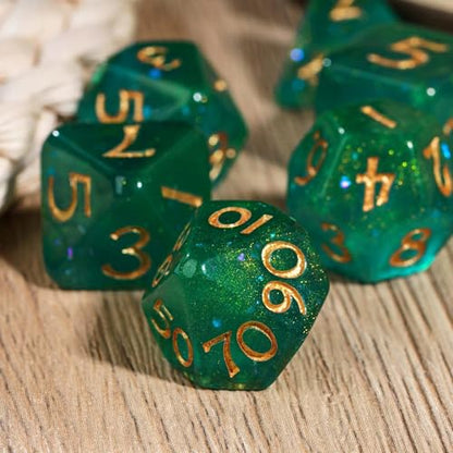 Green DND Dice Set Glitter Polyhedral Dice for D&D Tabletop Games | Leather Storage Bag, DM Gift, for Dungeons and Dragons Role Playing Games - color: Glitter-green