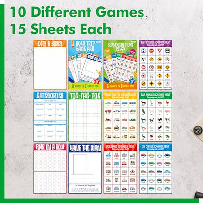 Gethelud 2 Pack Road Trip Game Pads, 10 Games (Categories, Dot & Boxes, Tic-tac-Toe, Scavenger Hunt Bingo), Pen Pencil Paper Game, Plane Trip/Car Travel/Getaway Activity Pad for Kid, Adult - style: Classic+Scavenger hunt bingo