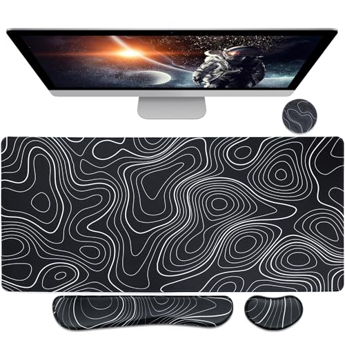 Bloss Large Gaming Mouse Pad XL Desk Mat, 4-in-1 Mouse Pad with Wrist Rest, Large Desk Pad, Keyboard Pad for Office/Home-Black and White Topography (31.5 x 15.7 x 0.12 Inches) - color: Topographic, size: 31.5 in x 15.7 in x 0.12 in