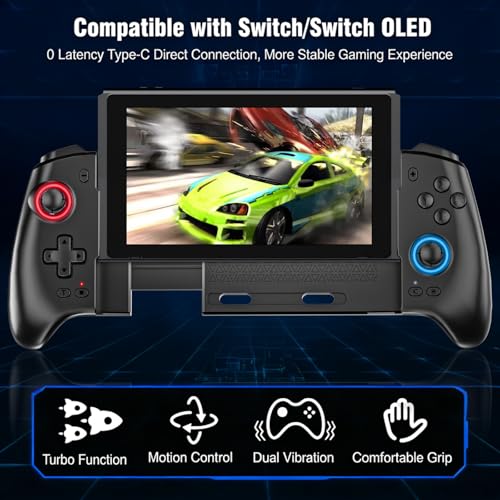 Switch Controller for Switch/Switch OLED, Rechargeable Plug-in Switch Controller, One Piece Ergonomic Grip Switch Controller for Handheld Mode with Turbo,Dual Vibration,6-Axis Motion Control,Red-Blue