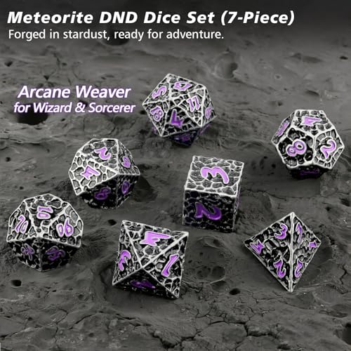 PJOY Metal Dice Set D&D for Dungeons and Dragons Dice with Case Meteorite Iron Purple 7PCS 16mm Role Playing Cool DND Gifts for Players DM Board Game Masters Wizards - color: Iron Purple
