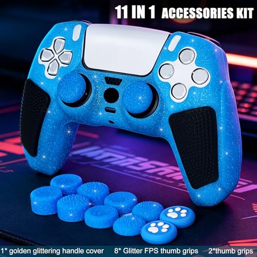 Blue Glitter Anti Slip Soft Thicked Studded Silicone Cover Skins Compatible with PS5 Controller,Include 8 PCS Blue Glitter Thumb Grips Glow and 2 Cat Paw Grips Accessories. - color: Blue Black