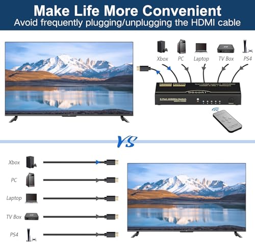 HDMI Switch 5 in 1 Out 4K@60Hz, DGODRT 5 Port HDMI Switcher Selector Box with Remote and Auto Switch, Support 3D HDR10 HDCP2.2, 5x1 Game Switcher Hub Compatible with PS5 Xbox Switch Roku Fire Stick