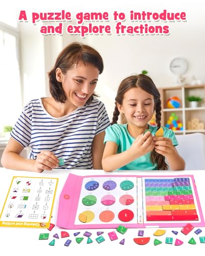 D-FantiX Magnetic Fraction Book, Magnetic Fraction Tiles & Fraction Circles Set, Math Manipulatives for Elementary School, Montessori Fraction Manipulatives Learning Tools for Kids - color: Pink