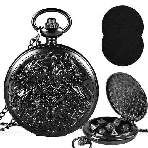Kabinka DND Dice Set, 7pcs Mini Metal Dice with Pocket Watch Shell, Portable D&D Dic with Necklace, Dungeons and Dragons Dice for RPG(Five-Headed Dragon, Black) - color: Black, style: Five-Headed Dragon
