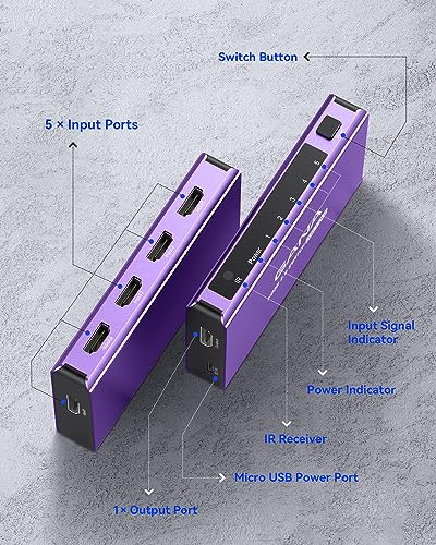 HDMI Switch 5 in 1 Out 4K@60Hz, GANA HDMI Splitter Switcher with Remote, Aluminum HDMI 2.0 Switch Box Hub for 3D, HDCP2.2, HDR, Compatible with Xbox, PS5/4/3,Fire Stick,Roku,Blu-Ray Player, Purple - color: Purple
