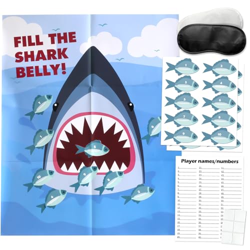 PARTYLOUD Shark Party Games, Pin The Fish on The Shark, Shark Party Games Party Birthday Party Fun Games Supplies Decorations Decor for Kids Families Adult Groups - color: Pink, size: Shark