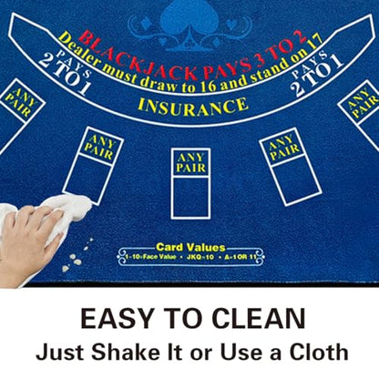 2-in-1 Casino Night Poker Mat, 36"x72" Double-Sided Texas Hold'em & Blackjack Felt Table Cover, Non-Slip Steel Clamps Included, Perfect for Game Night, Home & Casino Parties - color: Blue