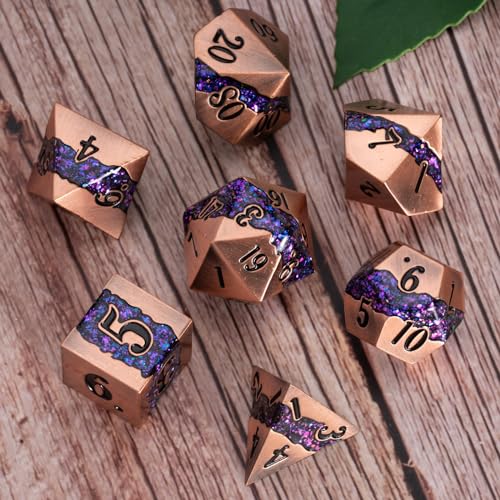 Premium Metal Dice Set for DND, 7PCS Polyhedral RPG Dice with Galaxy Glitter Inlay, Unique Metal Dice for Dungeons and Dragons Players - color: Ancient Red Copper Purple