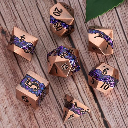 Premium Metal Dice Set for DND, 7PCS Polyhedral RPG Dice with Galaxy Glitter Inlay, Unique Metal Dice for Dungeons and Dragons Players - color: Ancient Red Copper Purple