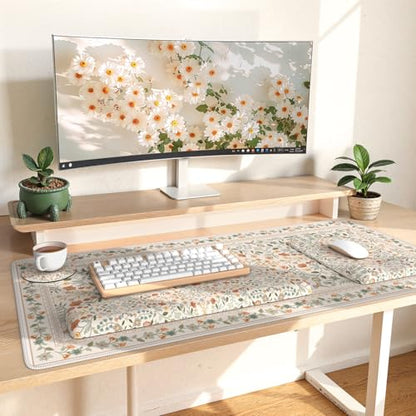 iLeadon Ergonomic Mouse Pad with Wrist Rest, Beige Desk Mat Set | Non Slip Mouse and Keyboard Pad, Cute Desk Pad Mat Sets, Extra Large Desk Cover Mat with Coaster for Women Home Office - color: Beige