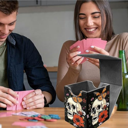 Peony Flower Skull Card Deck Box, MTG Commander Deck Box Card Deck Case for Trading Cards, 100+ Sleeved Cards with PU Leather Magnetic Card Storage Box for TCG CCG Magic Cards - color: Card Deck Box-590