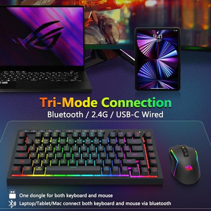 Redragon Wireless Gaming Keyboard and Mouse Combo, Bluetooth/2.4G/USB-C Wired, RGB Backlit, 75% Portable Quiet Rechargeable Macro Membrane Keyboard & 12800 DPI Mouse with Software for Win/MAC - color: Gaming Combo