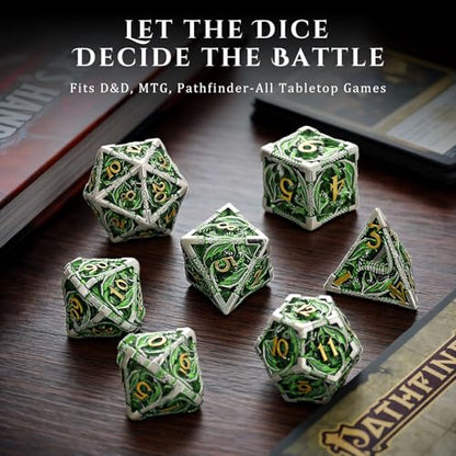 MoKo Dragon Hollow Metal DND Dice Set, Green+Gold | 7 Pcs Polyhedral, D20 D12 D10 D8 D6 D4, For Dungeons and Dragons RPG Games, With Gift Box - color: 4 - Green+gold