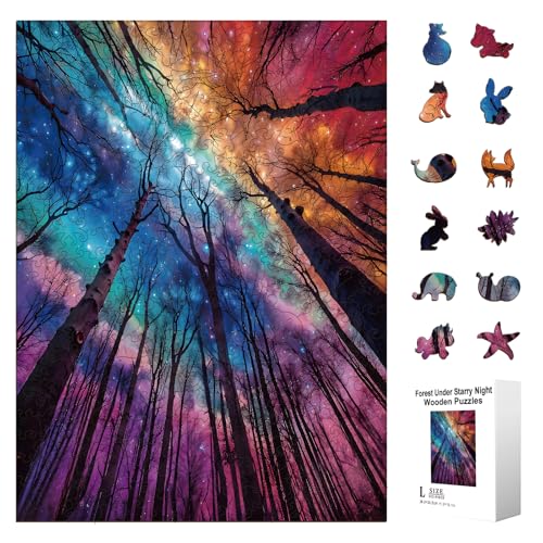 300pcs Wooden Puzzles for Adults Unique Animal Shaped Pieces | Colorful Funny Jigsaw Puzzle Challenging Brain Teaser for Family Game Birthday Gift Home Decor (Forest Under Starry Night) - color: Forest Under Starry Night