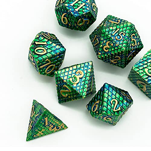 UDIXI Metal Dice Set D&D, Dragon Scale Metal DND Dice Set for Tabletop Game | 7PCS, Solid Metal, Metal Dice Box, DM Gift, for Dungeons and Dragons RPG Role Playing Games Board Games - color: Dragon Scale-green and Blue