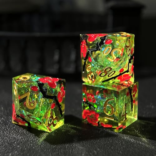 HAOMEJA Resin Flower Dice Set 7pcs/ Sharp Edged Polyhedral Dice/Apply to D&D/DND/RPG-MTG/Role Playing Table Game/Easter/Halloween Party Gift (Yellow Green & Gold Numbers) - color: 7 Yellow Green & Gold Numbers
