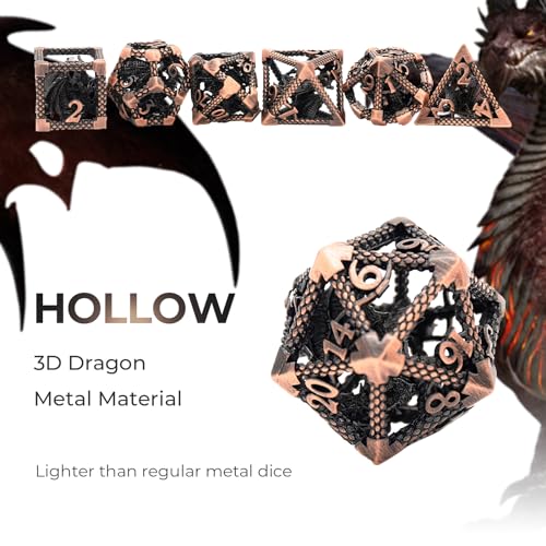 DND Dice Set,3D Hollow Dragon Metal 7-Die,Antique Red Copper | copper construction,68g balanced weight,engraved numbers,gift box and velvet bag for DND RPG play - color: 3d-copper