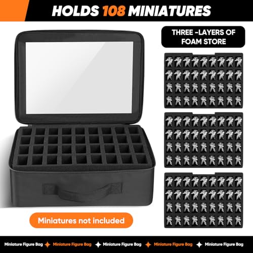 Miniature Storage Case Compatible with D&D and 40K Minature.Toys Display Bag with 3 Layers of Foam with Pre-Cut Grooves.Holds 108 Mini Figures(Case Only) (Black, 108 Slot)